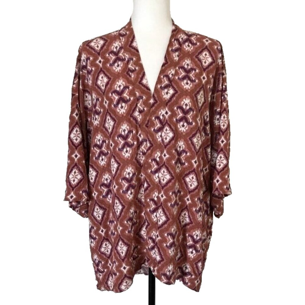 KNOX ROSE Kimono Cardigan Top Size XL/XXL Rust Pink Boho Pattern 100% Rayon
